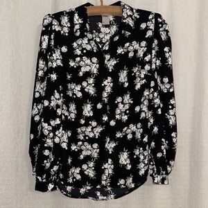 anko 4 Black White Blue Green Floral Blossoms Long Sleeve Button Front Blouse